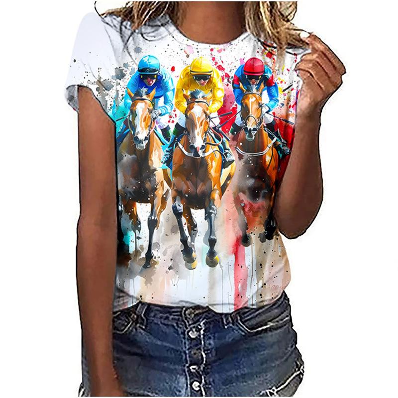 Summer Comfortable Soft Short Sleeved T-shirt Colorful Horse Riding Pattern Print Fashionable Relaxed Women's T-shirt