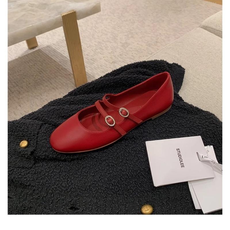 Sheepskin version round head double buckle belt Mary Jane shoes women's commuter low heel flat sole shoes leather ladle shoes