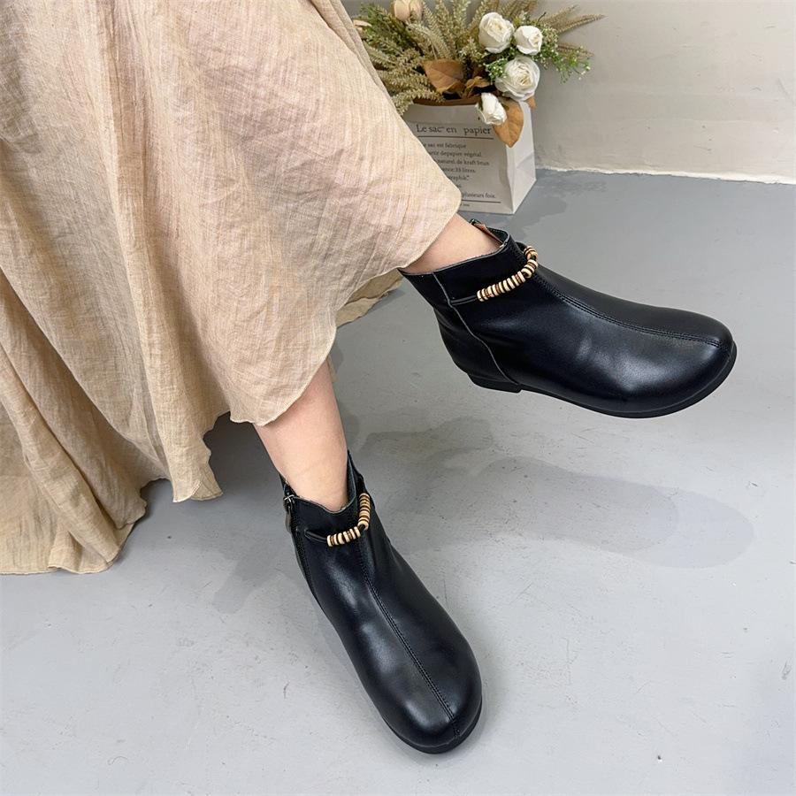 Johnature Retro Short Boots With Side Zipper Genuine Leather Soft Sole Comfortable Women's Shoes
