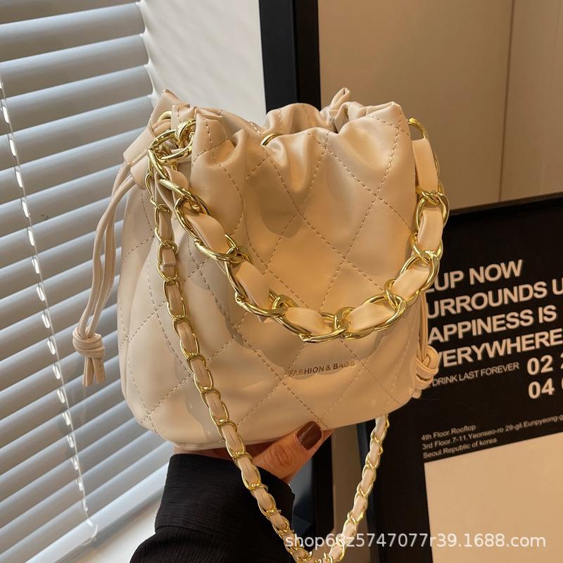 Rhombus Bucket Bag Drawstring Closing Chain Pu Shoulder Messenger Bag Ins French Light Luxury Women's Bag