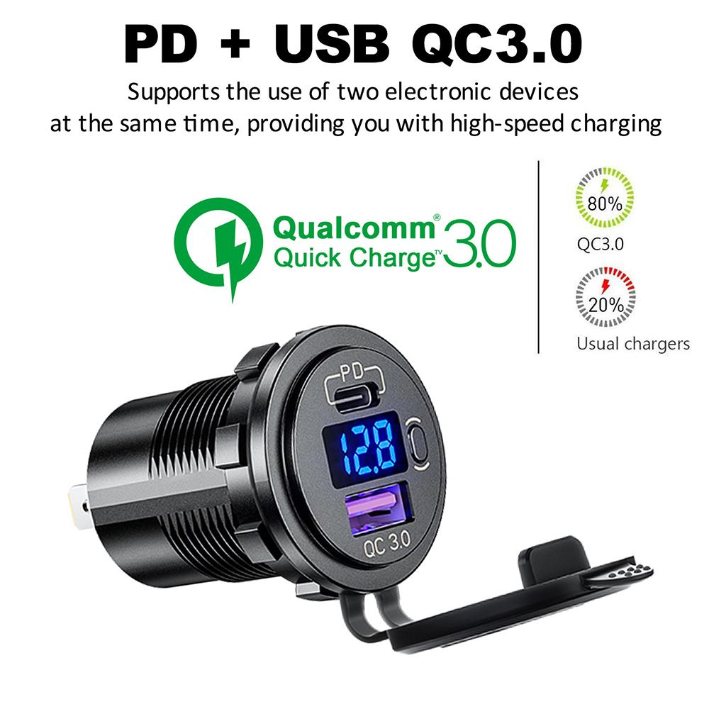 USB C Car Charger Socket 12V/24V Dual USB Socket PD3.0 and QC3.0 Car USB Port with LED Voltmeter and On/Off Switch