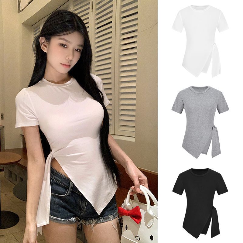 Irregular split-ended short-sleeved T-shirt women's spring new waist pinching and thin pure desire style slim-fitting Spice Girl top tide