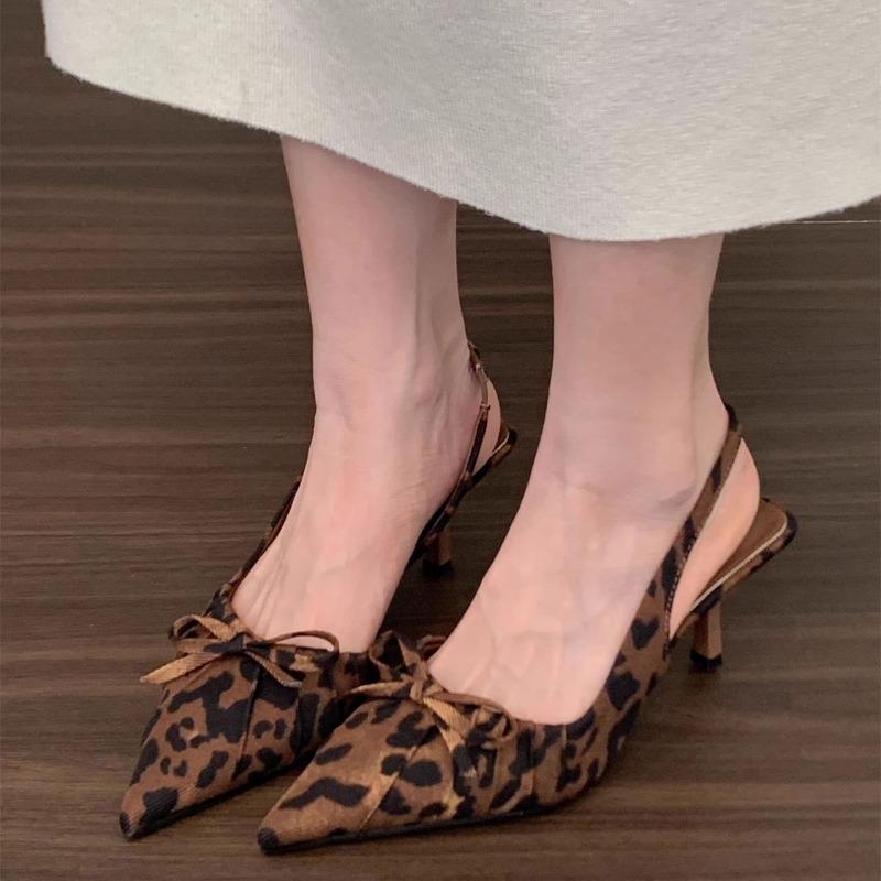 Women's Pointed Tip Leopard High Heels Trend Elegant Womens Heeled Sandal Temperament Stiletto High Heels Baotou Sandalias Mujer