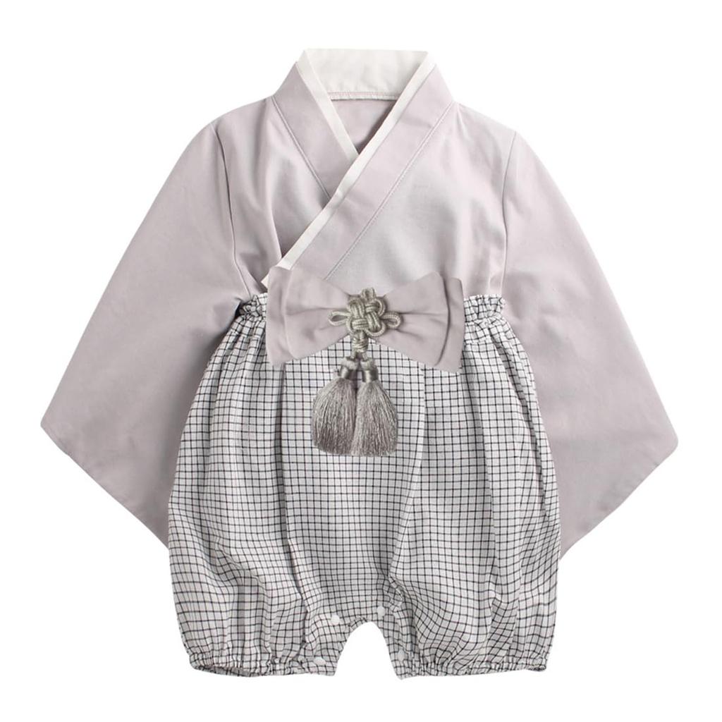 SLINX Baby Kimono Romper with Hakama for Girls and Perfect for Shrine Visits and 100th Day HF023 Size Boys, Celebrations, (Gray, 70)