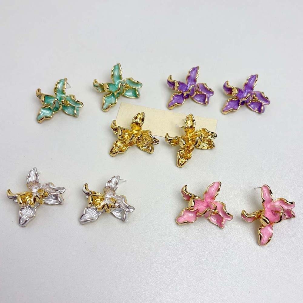 1 Pair Luxury Enamel Iris Earrings Zinc Zinc Alloy Metal Flower Ear Studs Golden and Silver Earrings  Bride