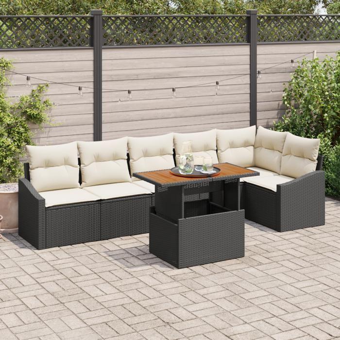 VidaXL Ensemble de salle à manger de jardin 7 pièces avec coussins noir en poly rotin acacia 3349844