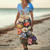 Fashion Women's Summer V-neck Short Sleeve Cotton And Linen Vintage Floral Print Beach Dress