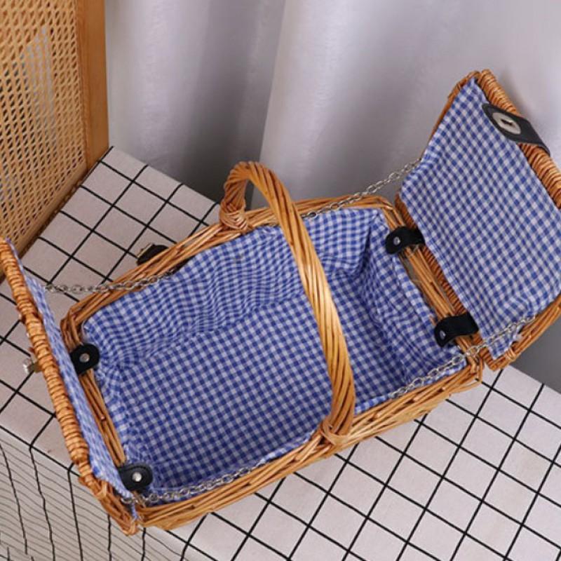 Foldable Wicker Picnic Basket With Lid Portable Outdoor Lunch Carrier Garden Camping Photography Prop