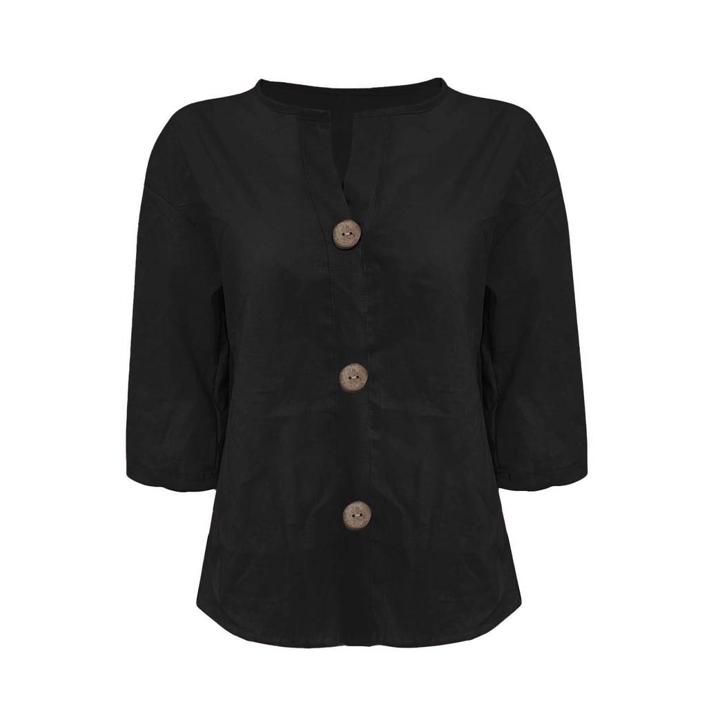 Camiseta de Algodón y Lino Holgada con Cuello en V para Primavera/Otoño 2026 en Europa: Top Casual de Botones Cómodo para Mujer