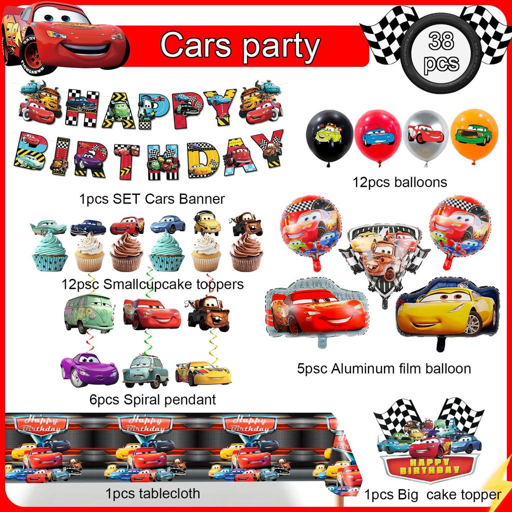 38Pcs Cartoon Birthday Party Supplies, Cartoon Decorations Set - Cartoon Birthday Decorations Banner Tablecloth & Cars Balloons Cake Topper Etc