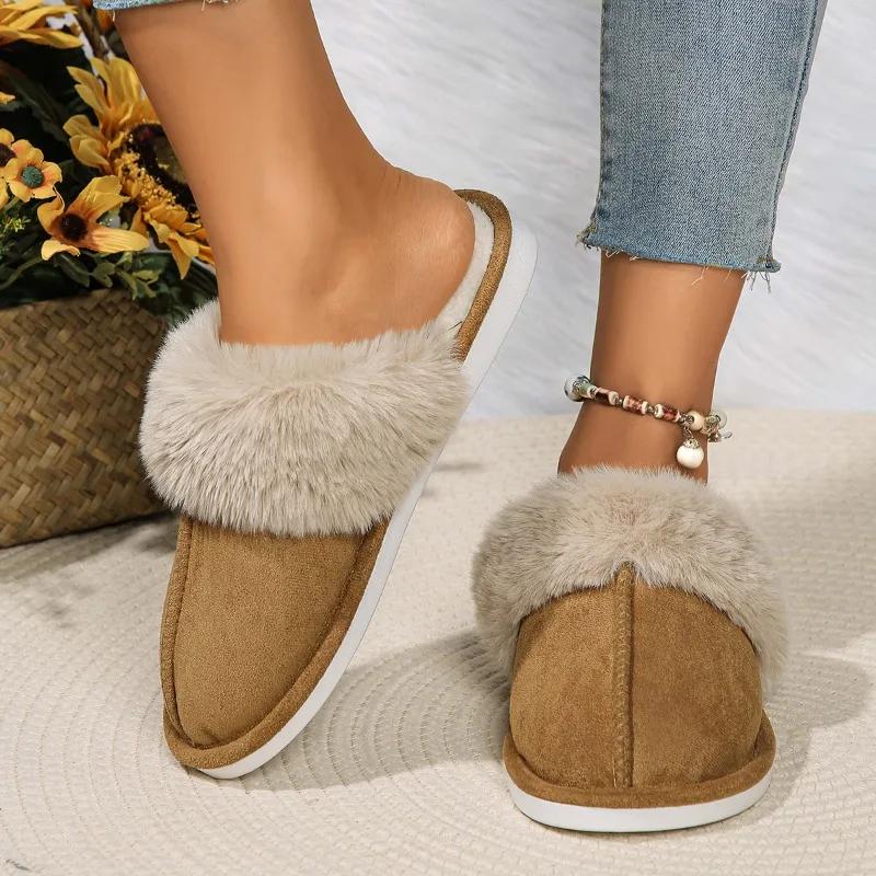 Fashion Women Plush Warm Home Flat Slippers Soft Comfortable Winter Cotton Shoes Indoor Plush Slippers