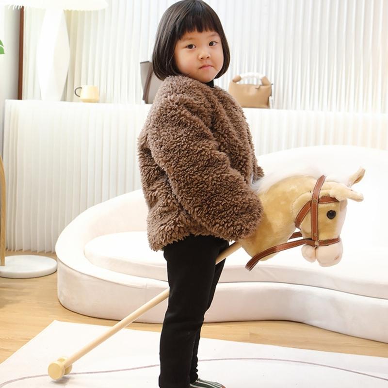 Stick Horse Plush Hobby Horse on a Stick with Wood Wheels Realistic Horse Neighing and Galloping Sounds for Kids
