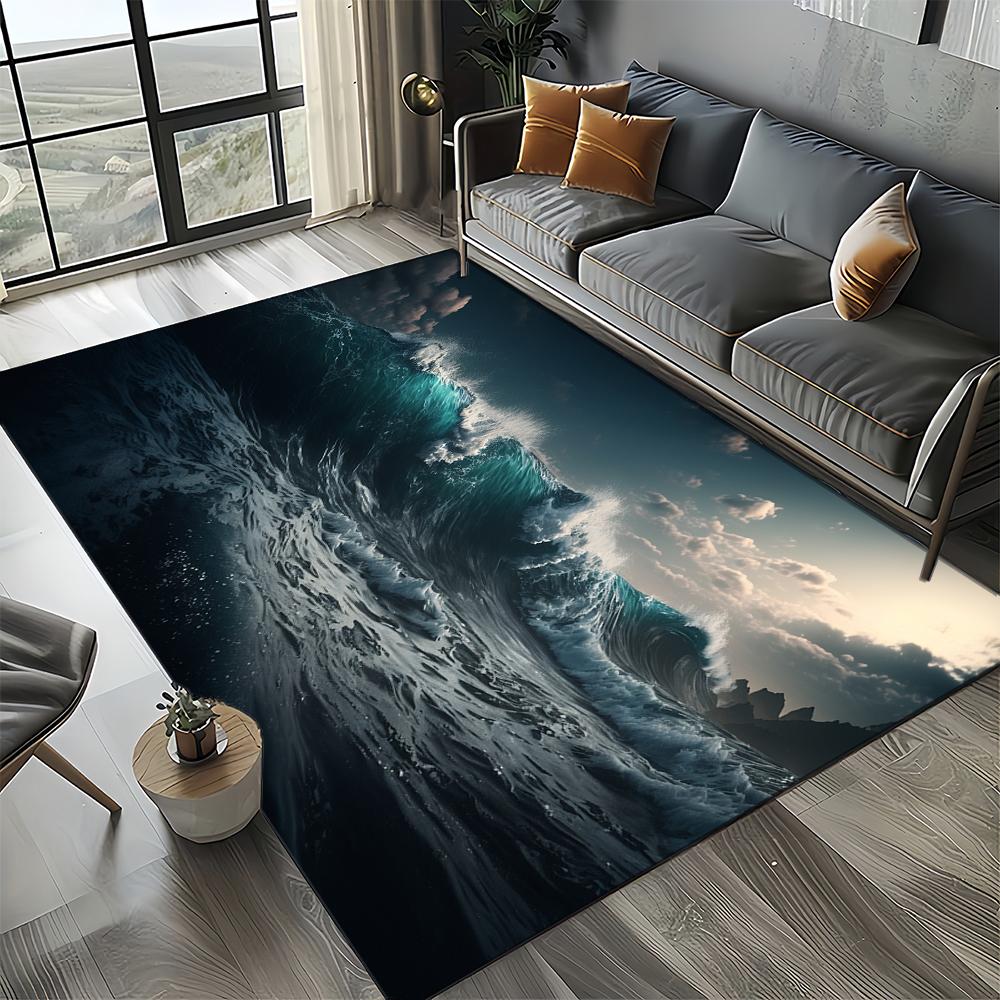 Style New Blue Green Seawater Sea Wave Ocean Carpet Rug for Living Room Bedroom Home Sofa Decoration, Floor Mat