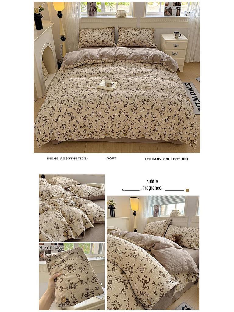Retro Floral Linen Bedding Set: Autumn & Winter 4-Piece with Button Duvet Cover & Sheet