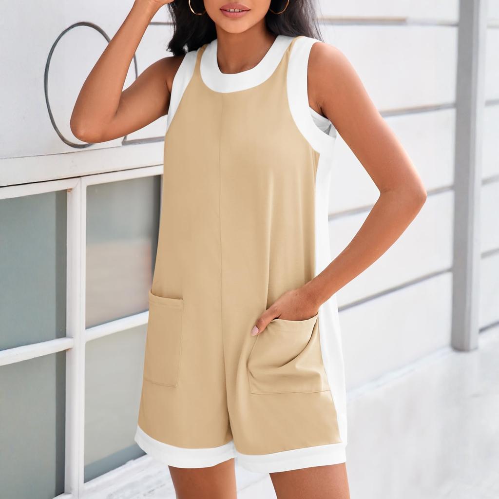Damen Kurz Ärmellos Locker Geschnitten Romper Taschen Freizeit Overalls