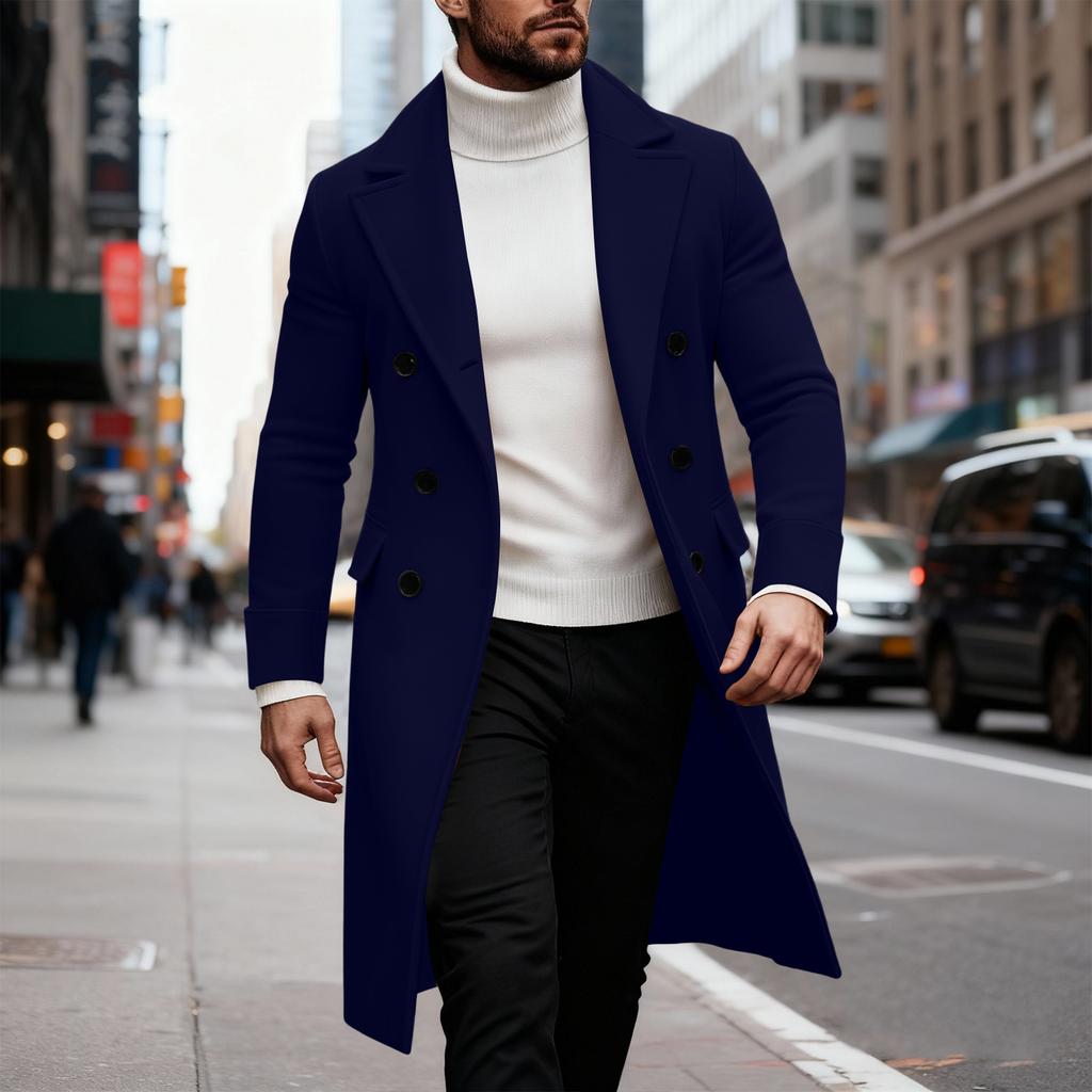 Mens Trench Coat Notch Lapel Double Breasted Peacoat Wool Blend Casual Long Overcoat