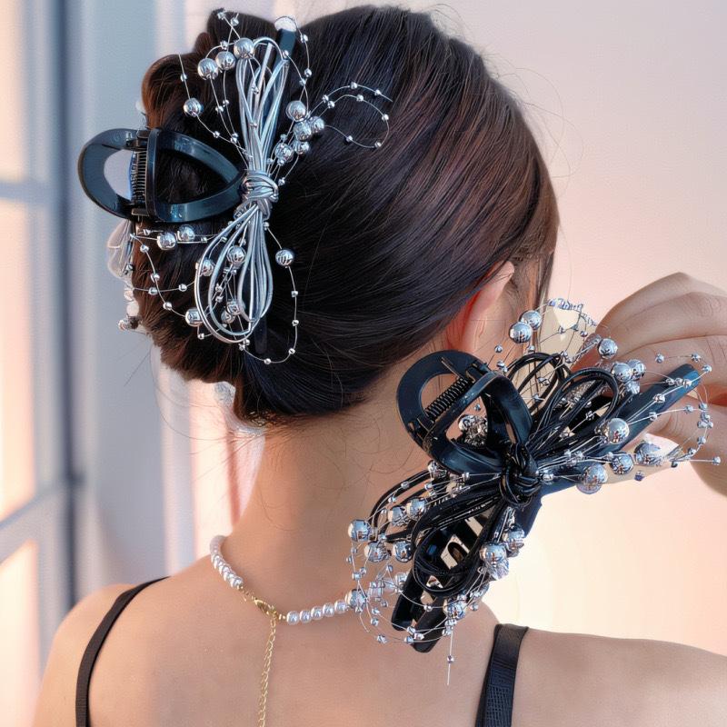 Korean Silver Color Ball Chain Hair Claw Bow Duckbill Clip Shark Clip Elegant Headpiece Hair Accessories for Women Girls