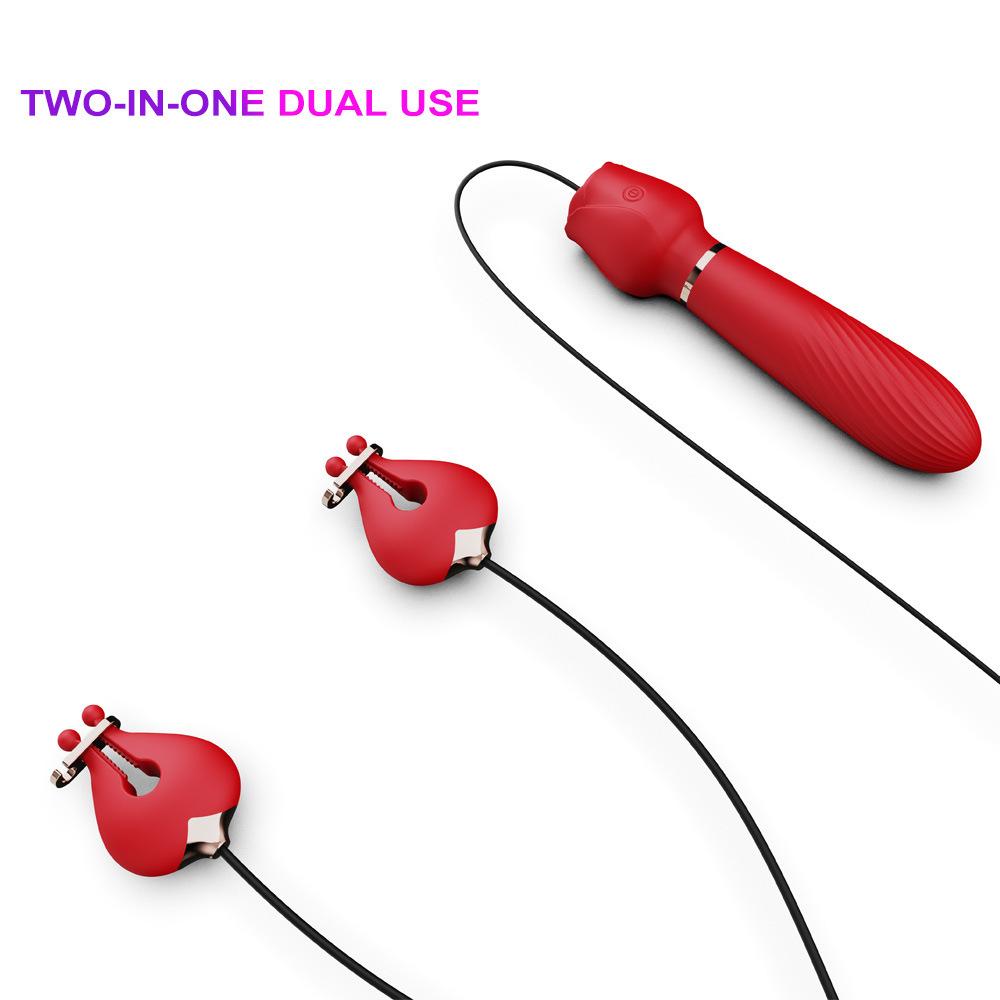 Manufacturer Chest Clips Rose Vibrator for Women 2 in 1 Clitoris Stimulator Massage Stick Dildo Nipples Clamps