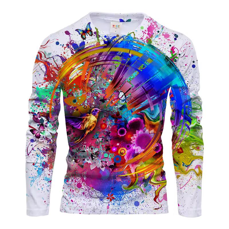 Fashion Colorful Graffiti 3d Printed Men's Long Sleeve Top Trend Creative T-Shirt Casual Loose O Collar Quality Comfortable Top