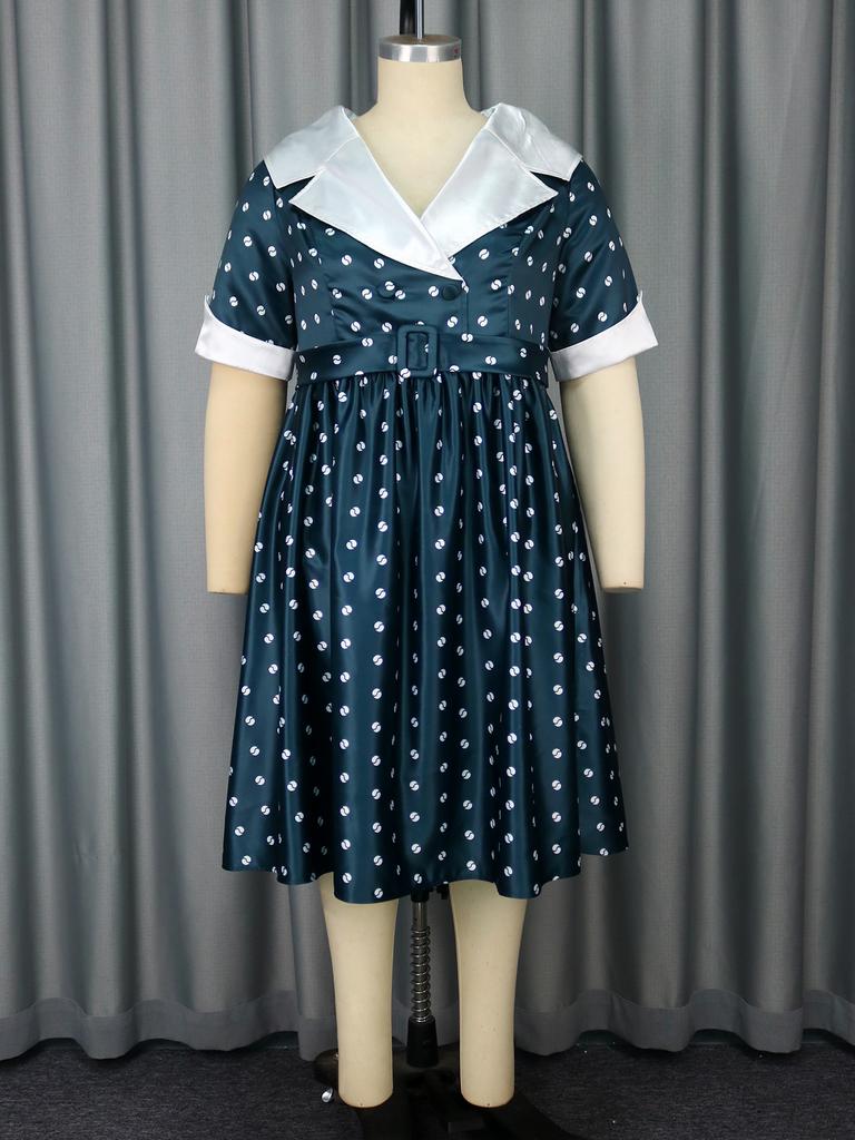 Vintage Turn-Down Collar A-Line Casual Dress for Women with Short Sleeve Print PatchworkHigh Waist Design Elegant Mid-Length Summer Outfit