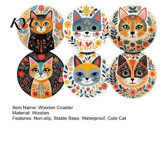 Functional Coasters for Home Decor 6 Pcs Cute Cat Coasters, Thick Heat-Resistant Wood Coaster Tabletop Protection, Anti-skid Tables Non Slip