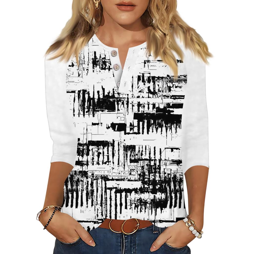 Women's T Shirt Print Button 3/4 Sleeve Daily Weekend Fashion Basic V- Neck Regular Top