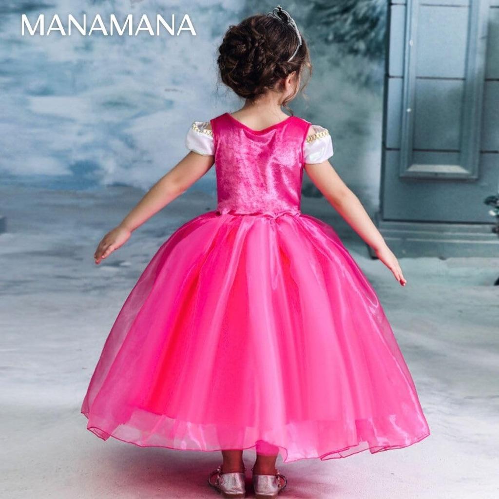 Prinzessin Kinder 120cm [MANAMANA] Kinderkleid, Kleid, Tiara, Stab, Handschuhe, 4-teiliges Kostüm, Rosa, Mädchen, 120,