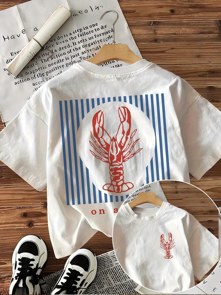 Spring Summer Women'S Top Easy Painting Style Crab Print Short Sleeve Round Neck T-Shirt with Slight Aesthetic Clothes