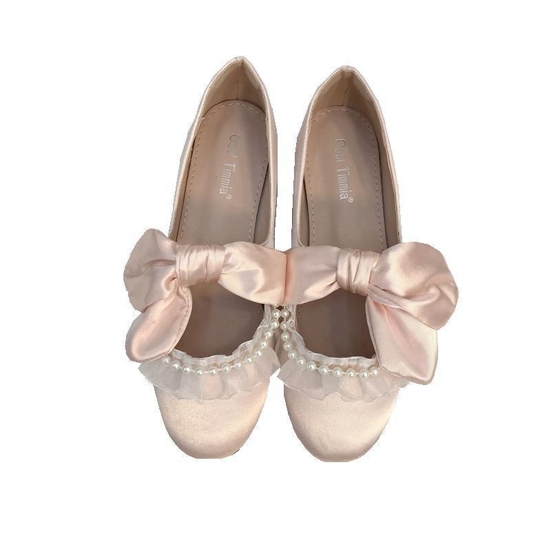 

Fairy princess pearl lace bow satin flat bottom shallow mouth beef tendon sole with skirt hanfu bridesmaid shoes wedding shoes 40 рожевий