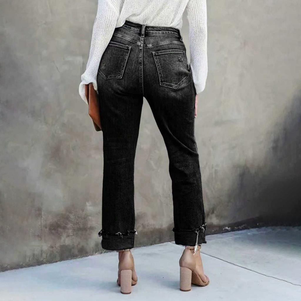 Ladies' Color Casual Versatile Mid Waist Straight Leg Denim Straight Leg Jeans With Fringed Edges
