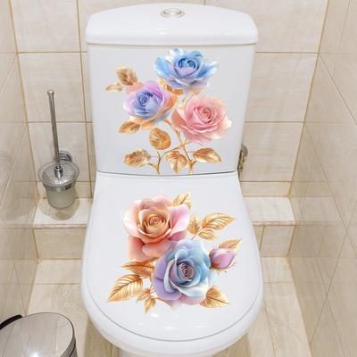 Gradient Rose Toilet Decoration Sticker, Bathroom Toilet Beautification Sticker, Self-adhesive Waterproof