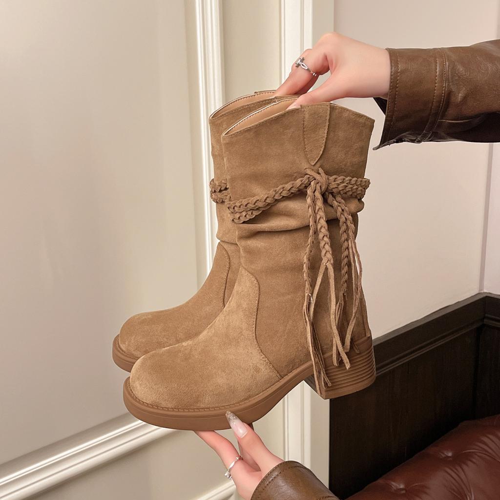 2025 show model brown fringed Martin boots women's retro wasteland wind foreign gas pleated pile boots western knight boots