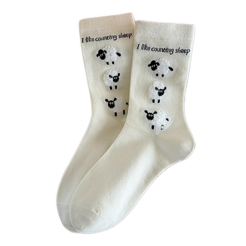Socks Pure Cotton Tube Socks Season Flocking Sheep Cartoon Cute Cotton Sweat-Absorbing Deodorant Stacking Socks