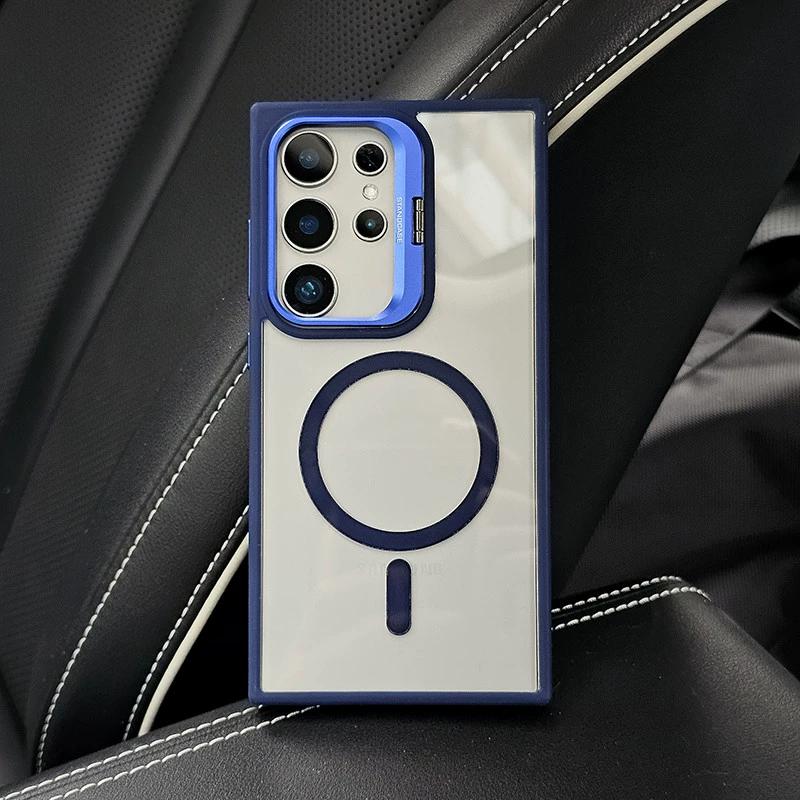Folding Camera Lens Stand Holder For Magsafe Case For Samsung Galaxy S24 S23 S22 Ultra Plus Clear Hard Acrylic Magnetic Cover