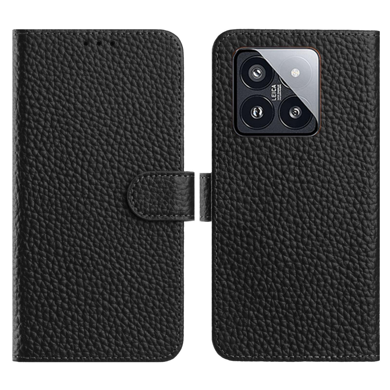 

For Xiaomi 14 Case Wallet Stand Litchi Texture Genuine Cow Leather Flip Phone Cover Black