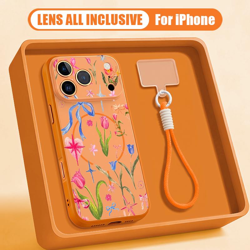 Little Floral Pattern Hand Strap Case For iPhone 17 Pro Max iPhone 16 15 14 13 Pro Max Magnetic For Magsafe Hybrid TPU+PC Matte Cover