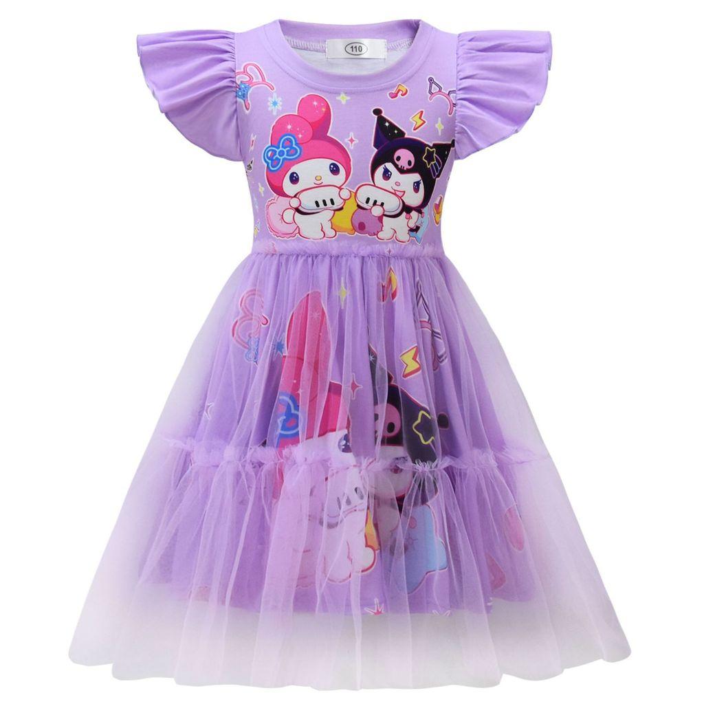 98038 Kids Girls Kuromi Anime Print Round Neck Mesh Dress 110 фиолетовый