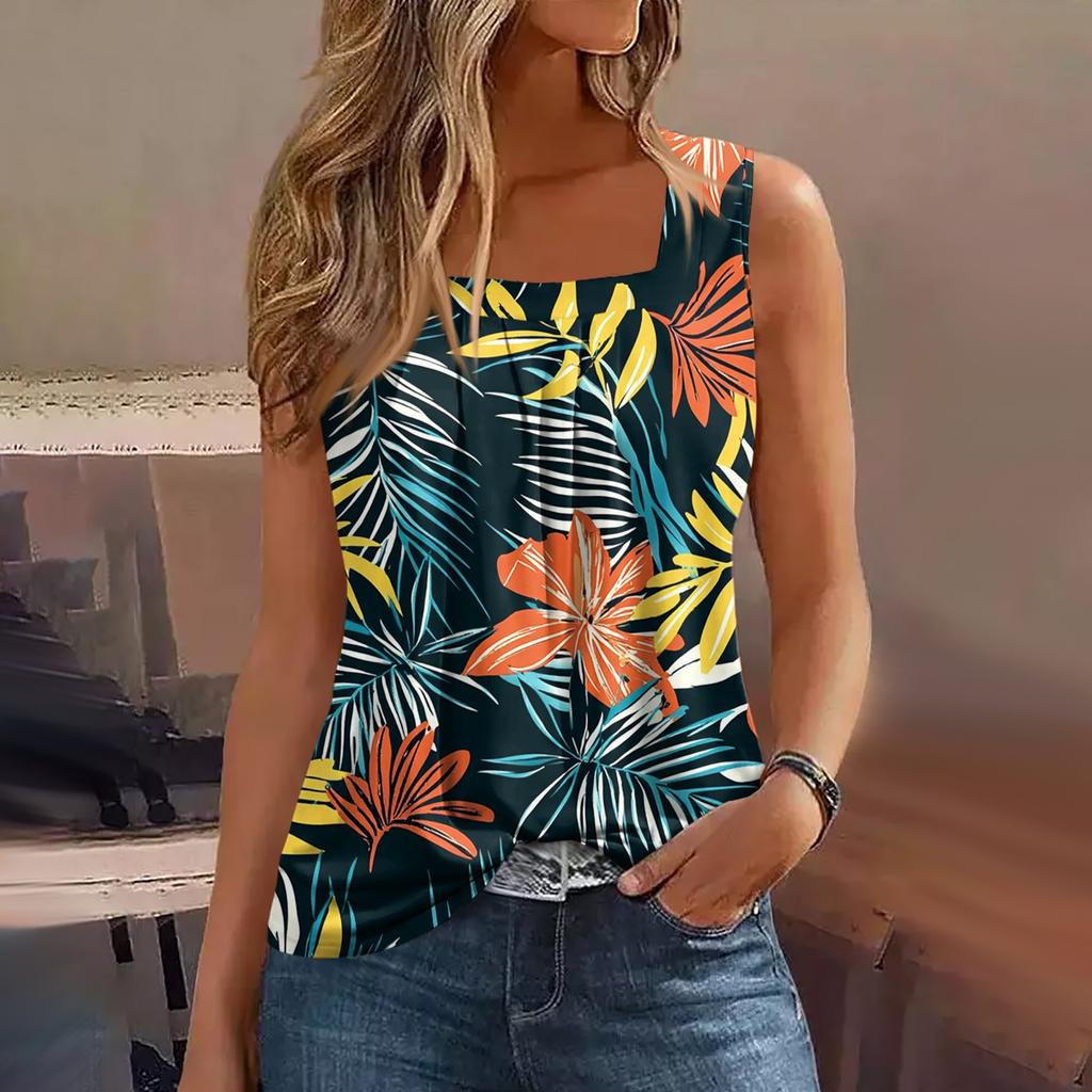 Damen Sommer Casual Plissee Quadratischer Ausschnitt Ärmelloses Tank Top Bedrucktes T-Shirt