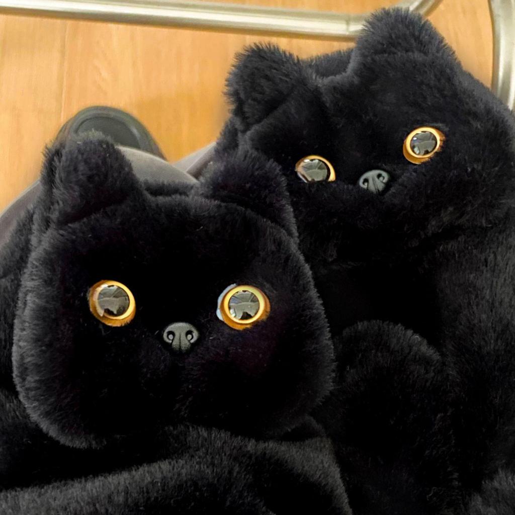 Schwarze Winterhandschuhe aus Plüsch mit Katzenmotiv: Dick, Winddicht, Niedlich, Doppellagig für Studenten, Nackenband-Design