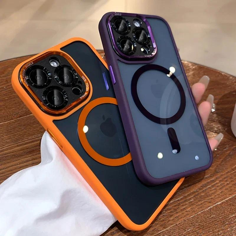 Luxury Magnetic Bumper Lens Protector Case For iPhone 16 15 14 13 12 11 Pro Max Plus Acrylic Hard Translucency Cover For Magsafe