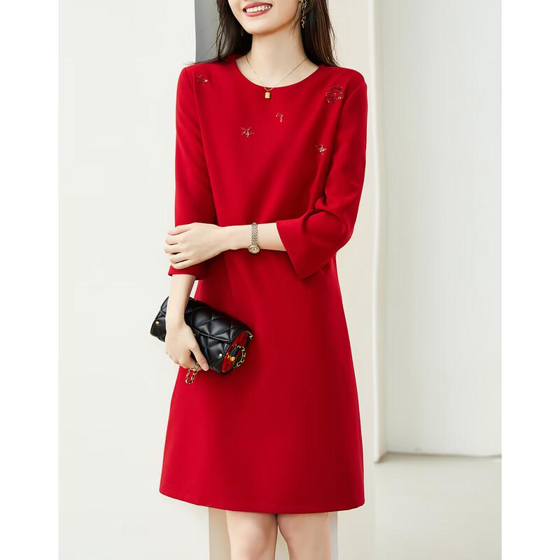 Demana Women's Round Neck 3/4 Sleeve Midi Dress