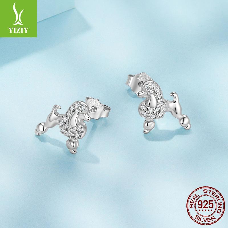 S925 Sterling Silver Mini Poodle Stud Earrings, Exquisite Cute Little Animal Dog Stud Earrings