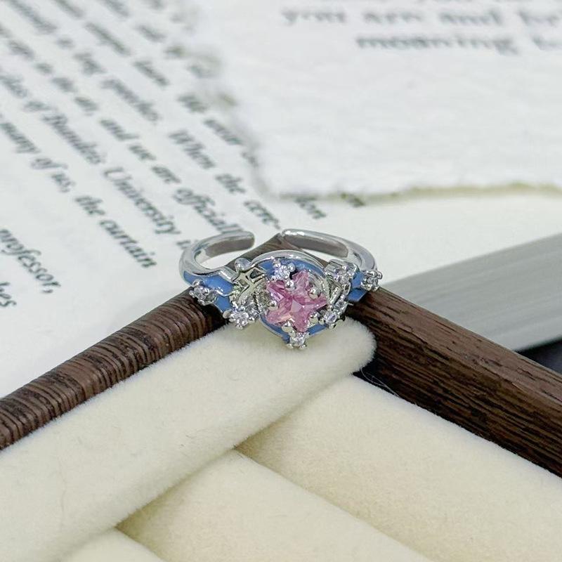 Sweet Enamel Dripping Oil Pink Full Diamond Zir*****Pen Ring Exquisite Niche High Sense Stacked Fashion Ring Woman