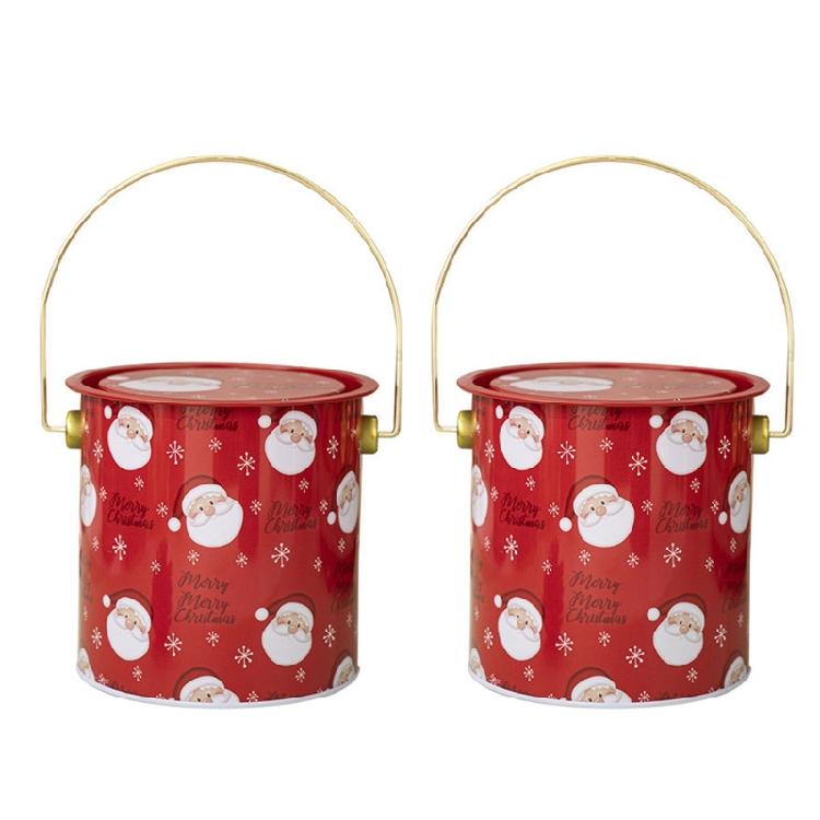 2pcs Decorative Christmas Candy Boxes Handheld Round Bucket Portable Sweets Tins with Handle for Family Gathering