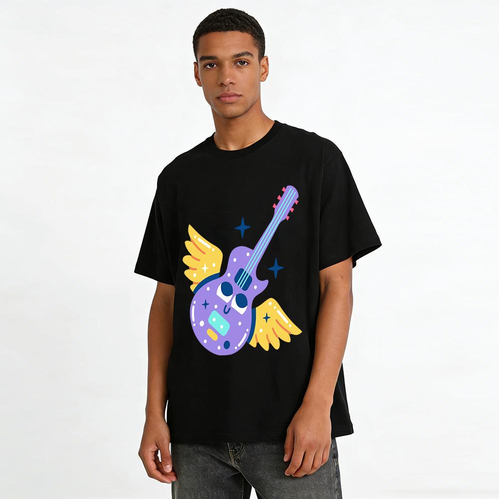 Cute Angel Wing Electric Guitar Print Top Unisex Street Style Loose Crew Neck T-Shirt Pure Cotton T-shirt