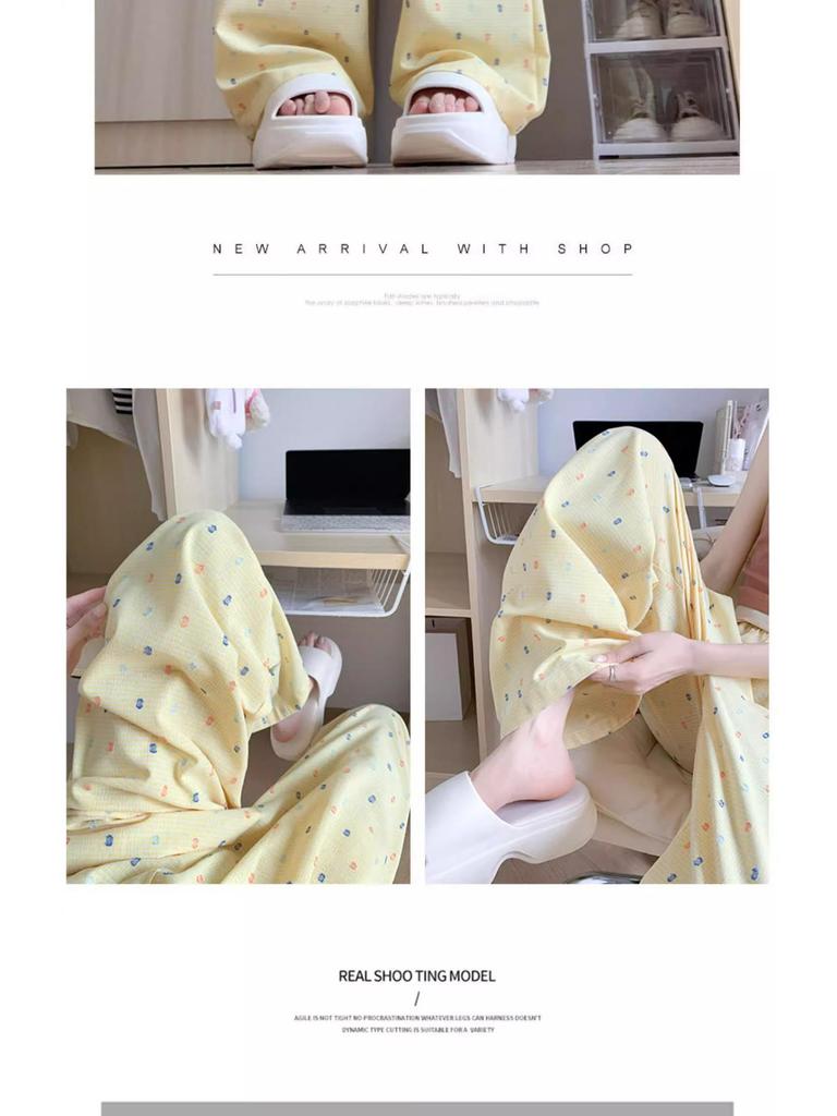 Women's High Waist Blue Polka Dot Straight Leg Pants - Summer Petite Ice Silk, 145-150cm, Wide Leg Design.