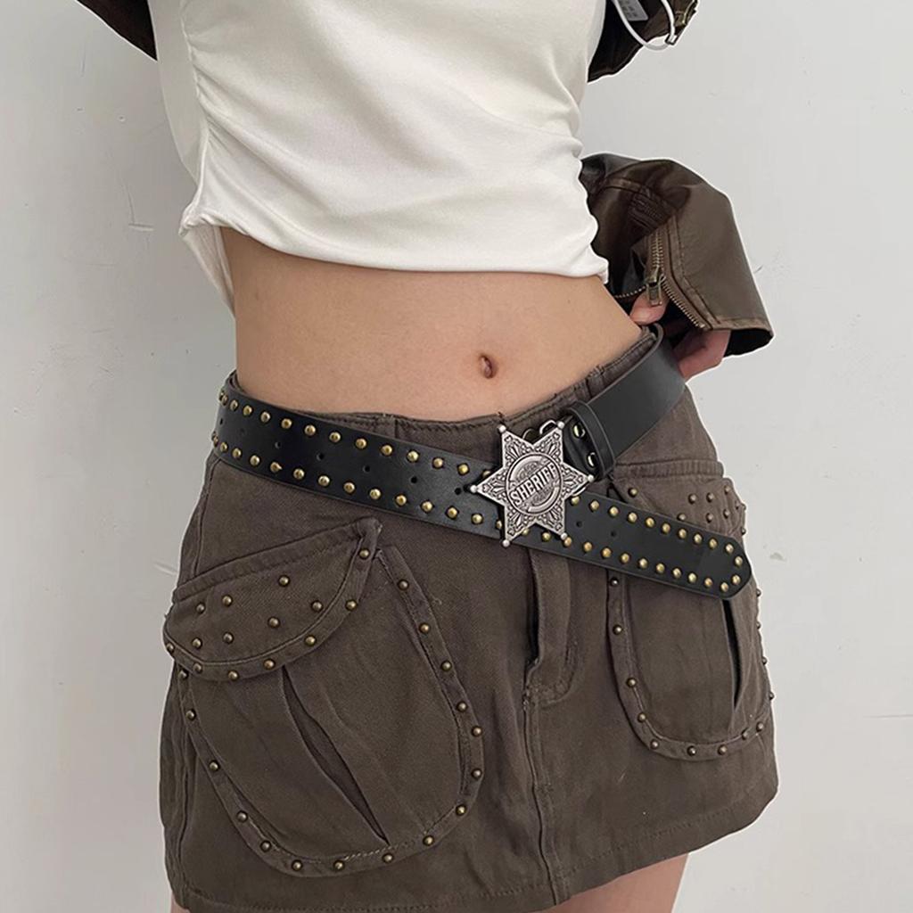 Harajuku Adult Waist Belt with Carved Buckle Alloy Rivet Waistband PU Waist Belts for Women Universal Pants Belt