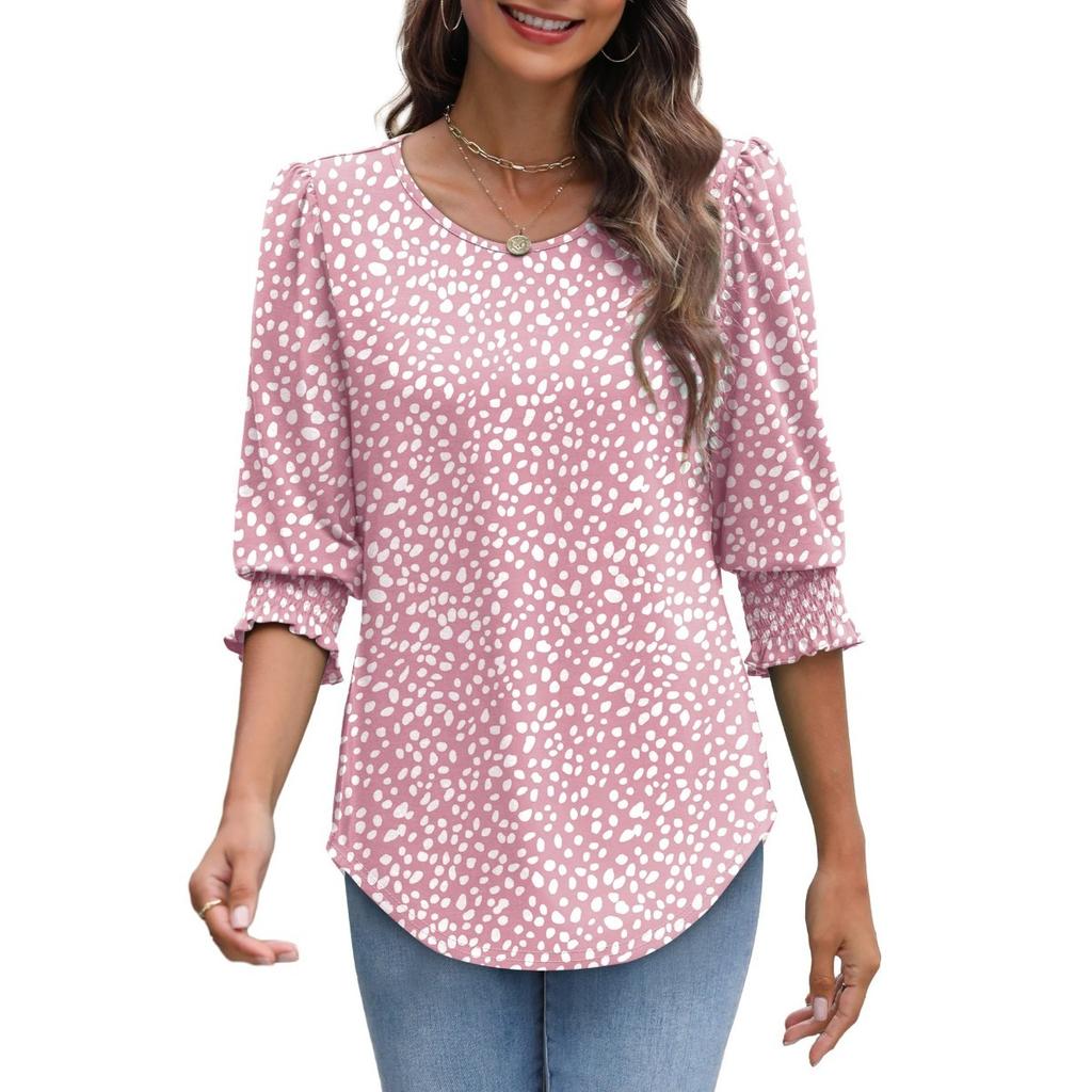 Women's Clothing, Spring, Loose, Casual, Printed, Seven Quarter Sleeves, Round Neck, T-shirt, Top