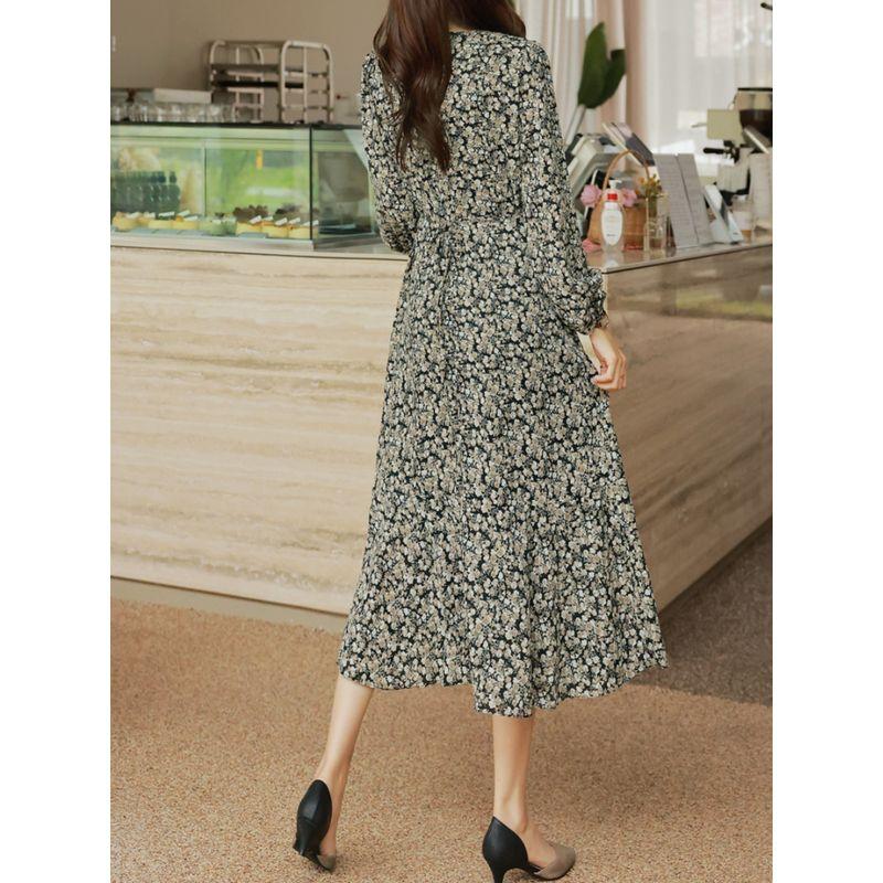 Sweet Plus Size Women's Clothing K-style Spring and Autumn Round Neck Small Floral Flounce Mid Length Long Length Long Sleeves Dress Trendy L-4XL