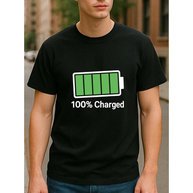 Evropské velikosti Plně nabitá baterie Print, Pánské oblečení, Velmi univerzální pro fitness trénink, Neformální tričko s krátkým rukávem